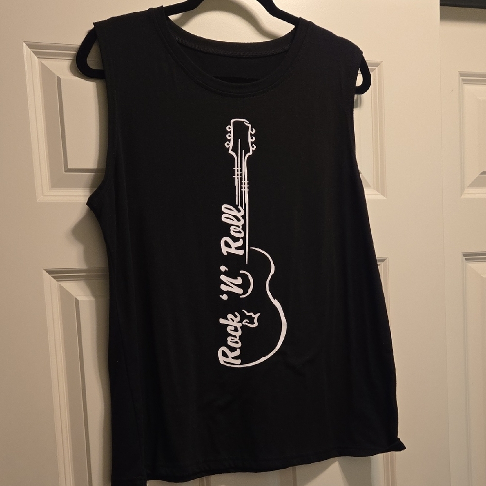 Black Sleeveless Graphic Tee - White Guitar 'Rock 'N' Roll' Print